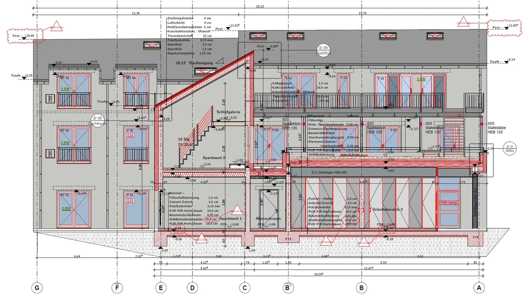 Gebäudeschnitt der Denkfabrik Hannover mit Geschossen und Höhenangaben